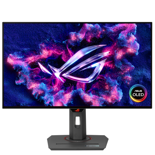 Écran gaming ROG Strix OLED XG27AQDMG avec dalle OLED, affichant un logo ROG coloré sur fond de nuages violet et rose et un logo ASUS OLED en badge circulaire multicolore.
